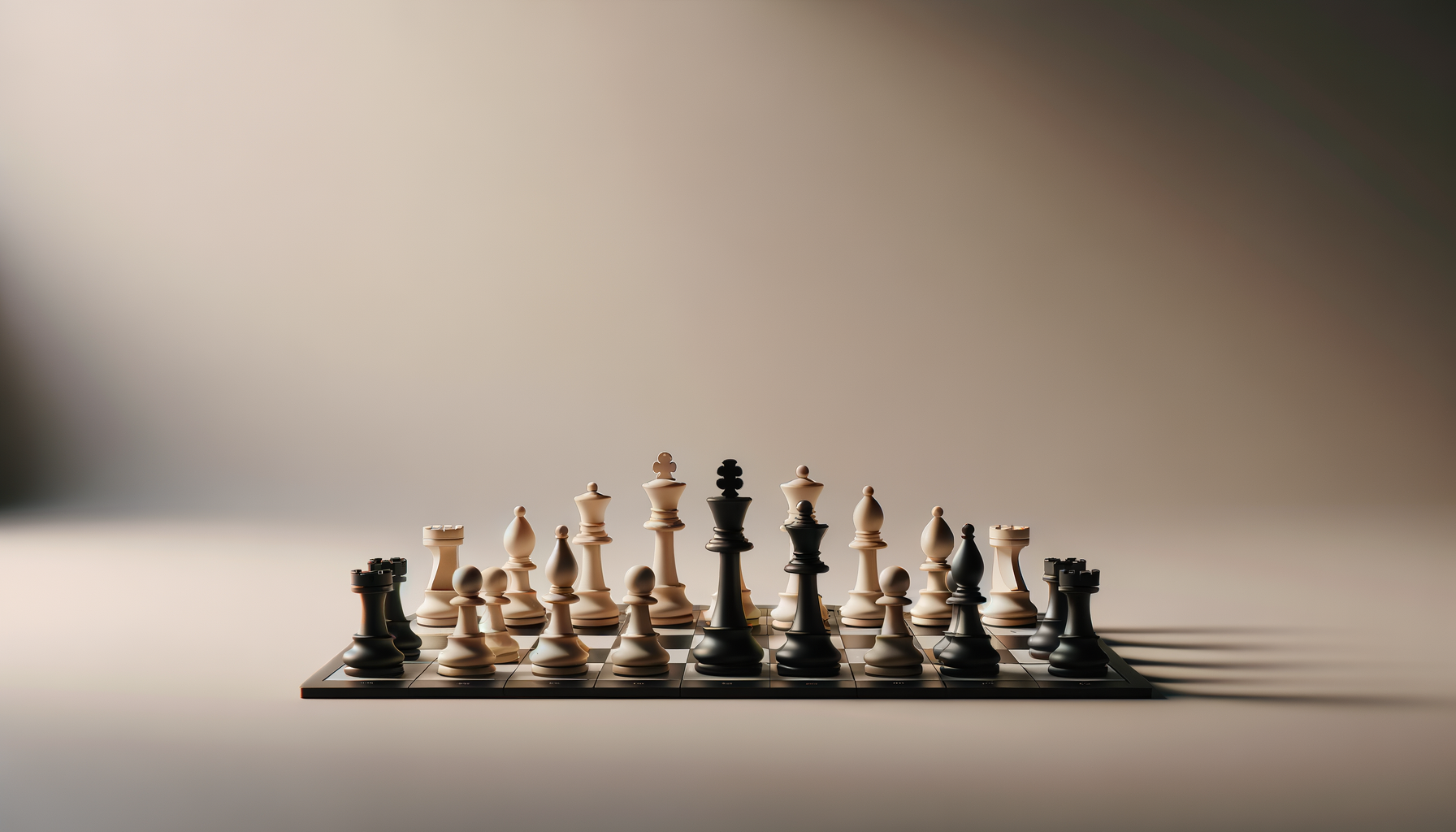 A chessboard with black and white chess pieces set up in starting positions, placed on a light surface with a plain, gradient background.