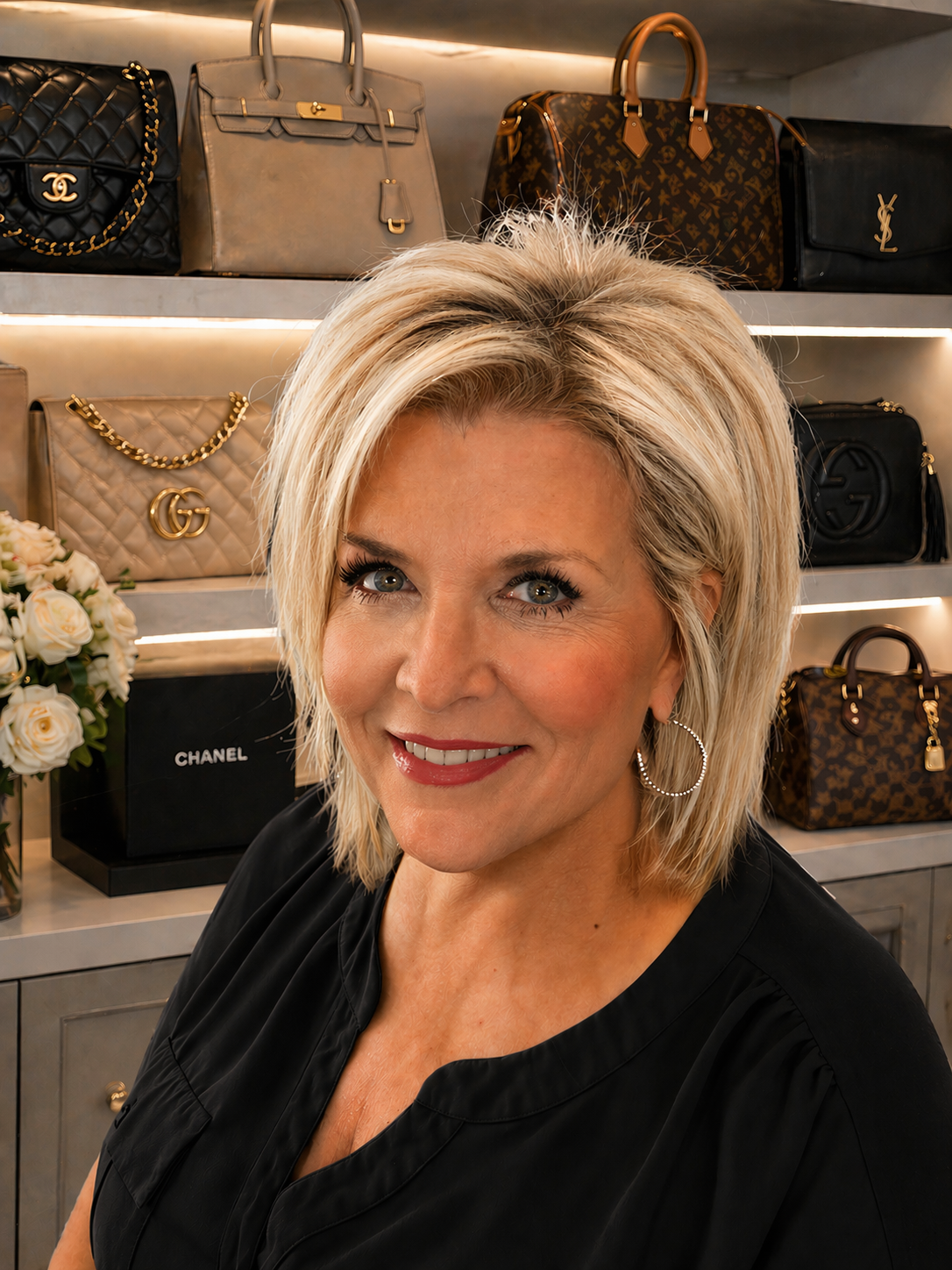 A woman with blonde, styled hair and hoop earrings, smiling in front of a display of luxury handbags including Chanel, Gucci, Louis Vuitton, and Saint Laurent, in a high-end store.