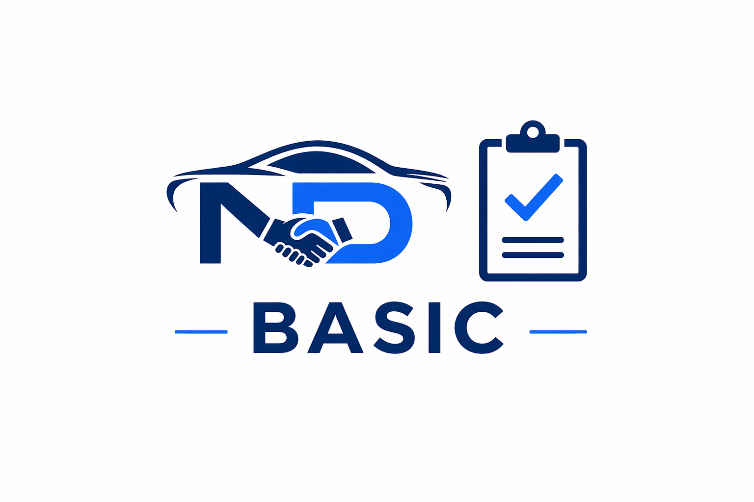 Logo with a stylized car outline, handshaking, the letter N and D, the word BASIC, and a clipboard with a checkmark.