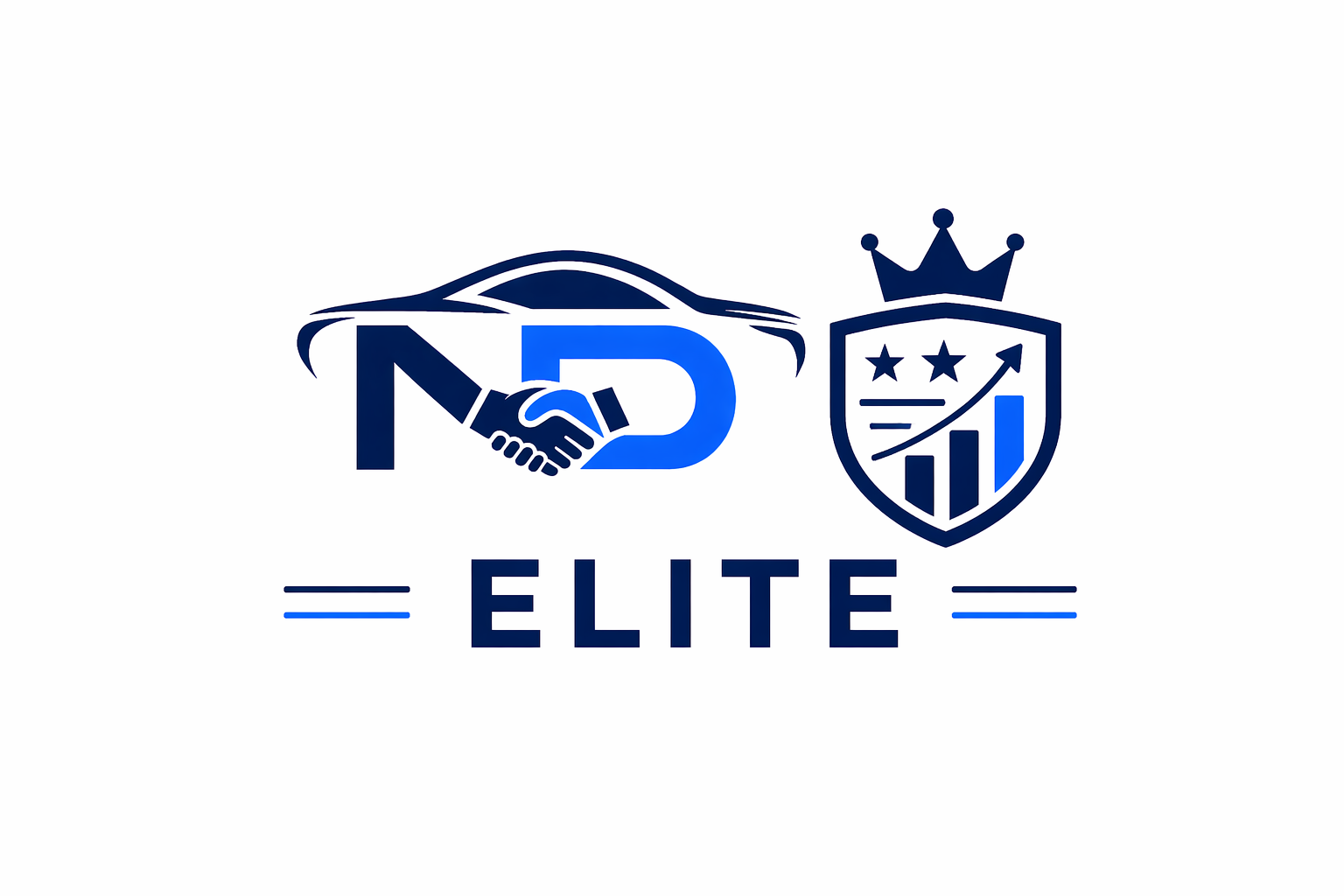 Logo featuring a stylized car silhouette, a handshake inside the letter N, a shield with a crown, stars, and bar graphs, and the words 'NA ELITE' in bold font.