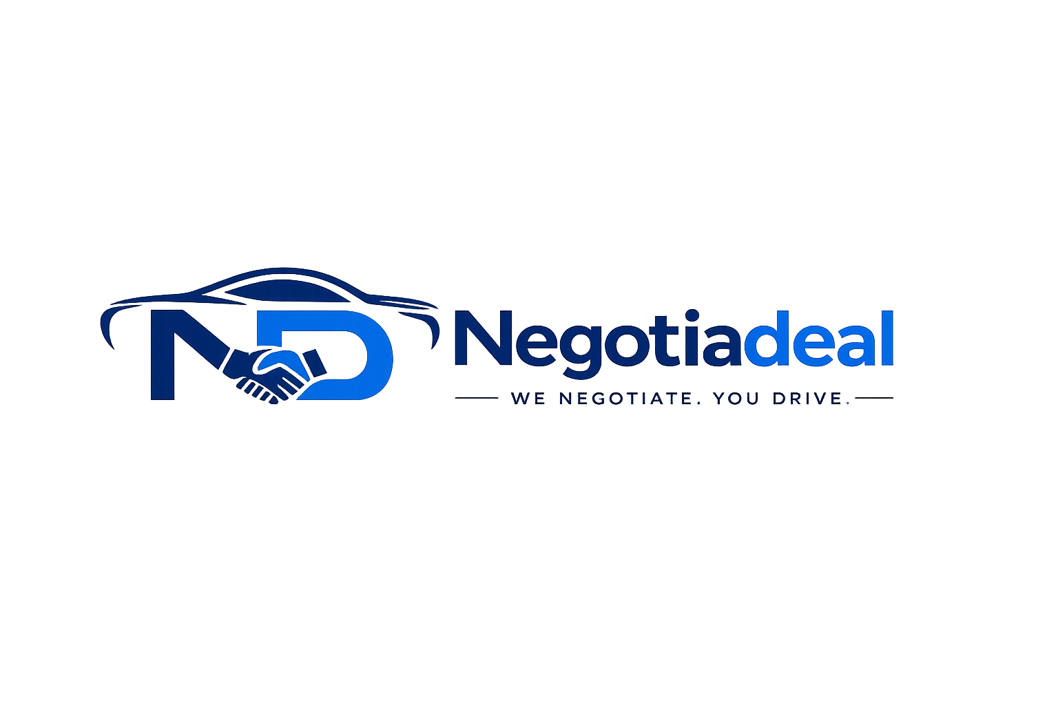 A sign with the Negotiate logo, featuring a handshake inside a speech bubble, and the slogan "We Negotiate. You Drive." in blue and black colors.