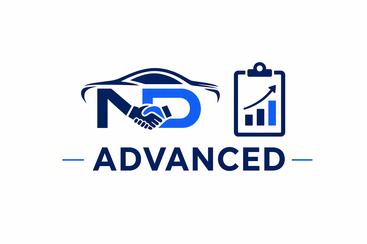 Logo with a stylized car, the letters N and D shaking hands, a graph with an upward trend on a clipboard, and the word 'ADVANCED' below.