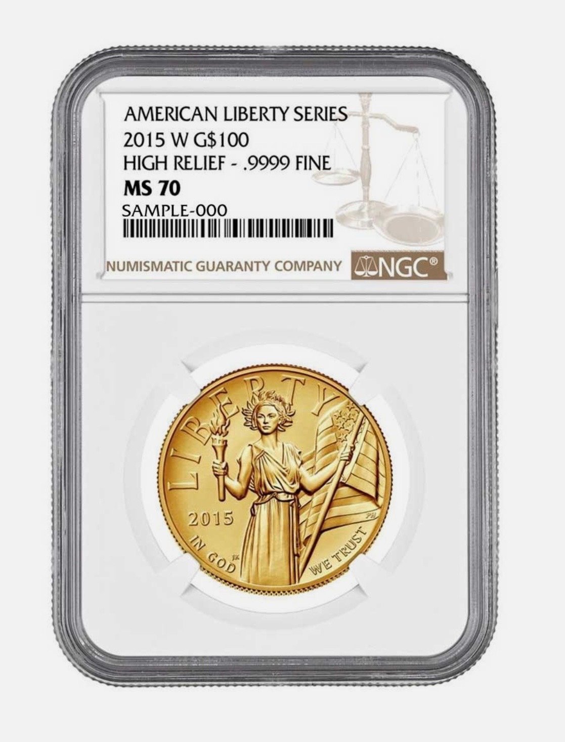 Gold American Liberty $100 coin from 2015 in a protective slab case with grading label.