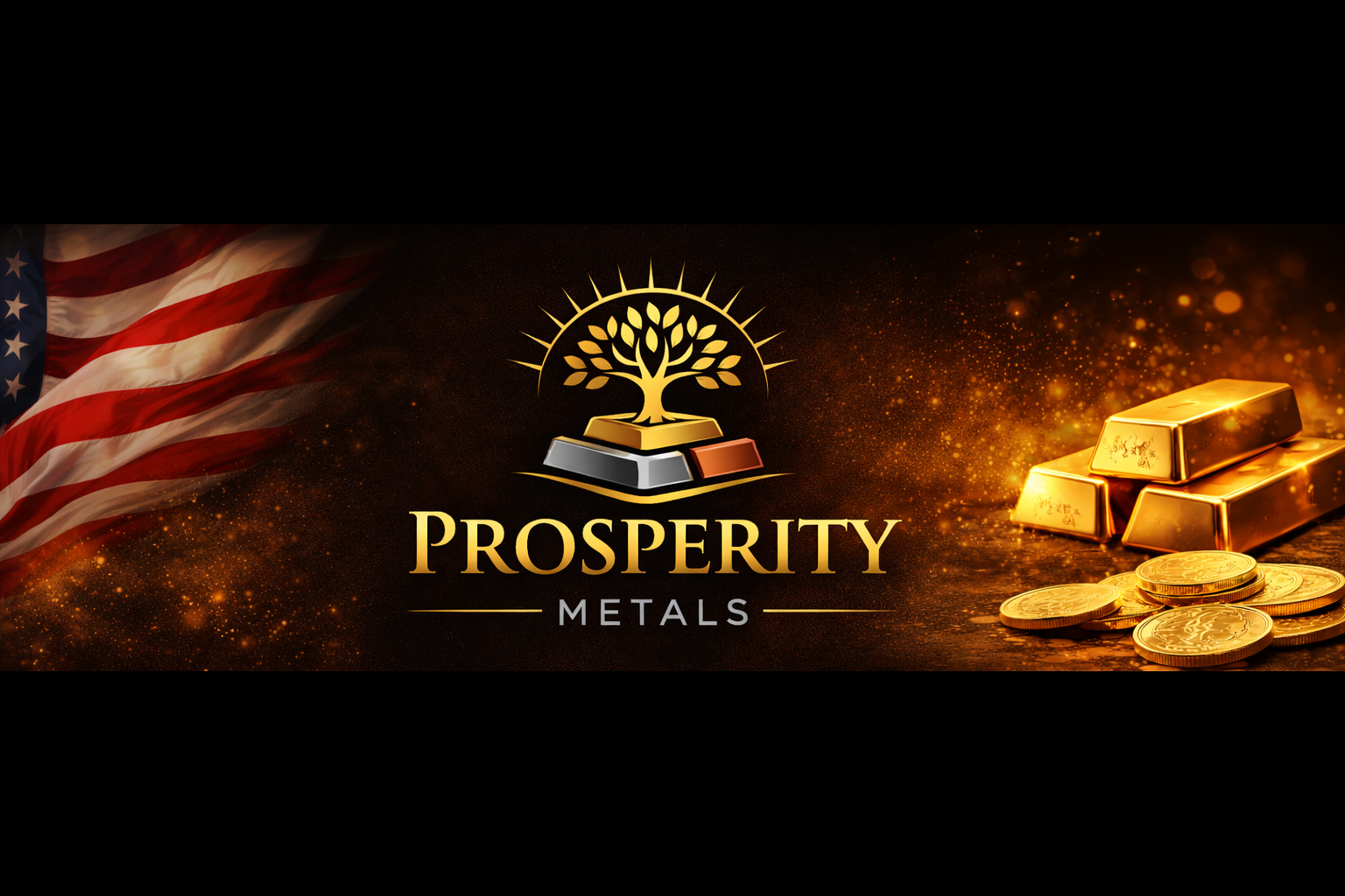 Flag of the United States, gold bars and coins, and the words 'Prosperity Metals' with a tree logo.