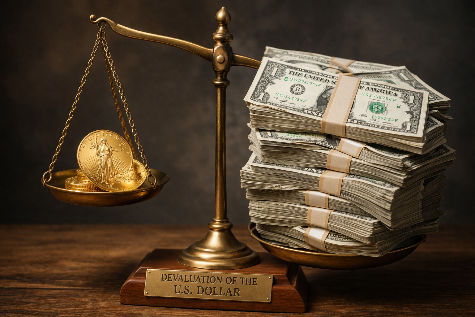 A brass scale with one side holding gold coins and a U.S. dollar bill, and the other side holding large stacks of dollar bills, illustrating the devaluation of the U.S. dollar.