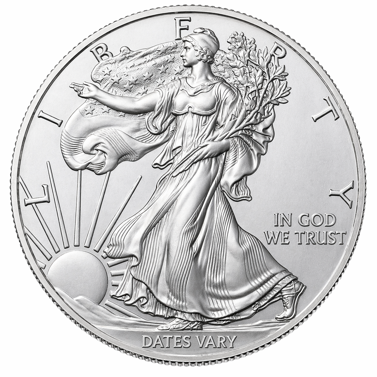 Silver coin featuring Lady Liberty walking with a torch and olive branch, with the sun rising in the background, and the inscription "IN GOD WE TRUST".
