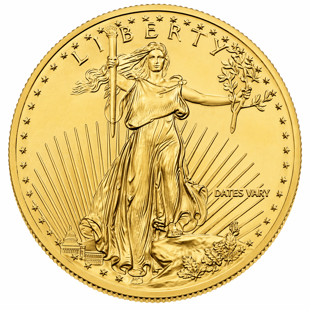 Gold American Eagle coin featuring Lady Liberty holding a torch and olive branch, with 'LIBERTY' inscribed above and 'DATES VARY' at the bottom right.