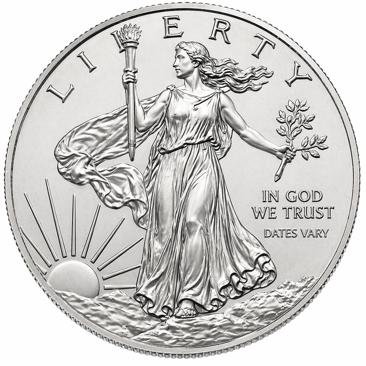 A silver American quarter featuring Lady Liberty holding a torch and an olive branch, with the sun rising on the horizon.