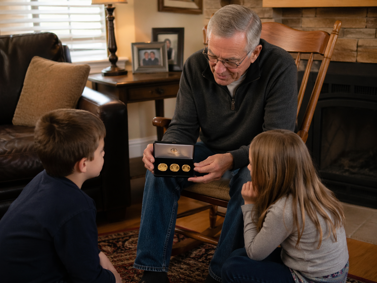 Grandfather showing gold coins to two children in a cozy living room.