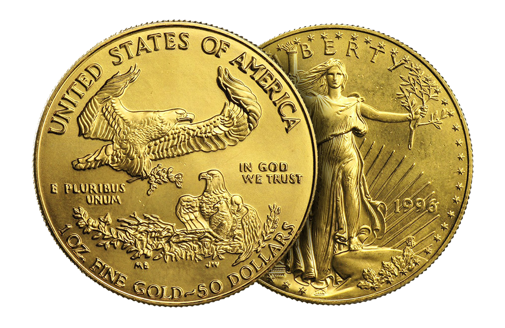 Close-up of two gold American Eagle coins, showing the eagle emblem and the Lady Liberty design, with inscriptions including 'United States of America,' 'In God We Trust,' and '50 Dollars'.