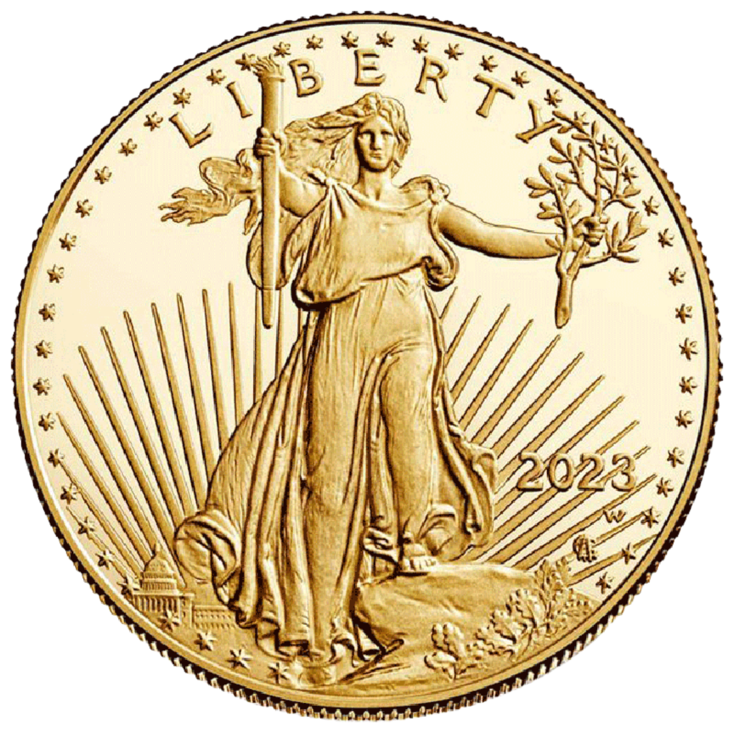 Close-up of a 2023 American gold coin featuring an image of Lady Liberty holding a torch and olive branch.
