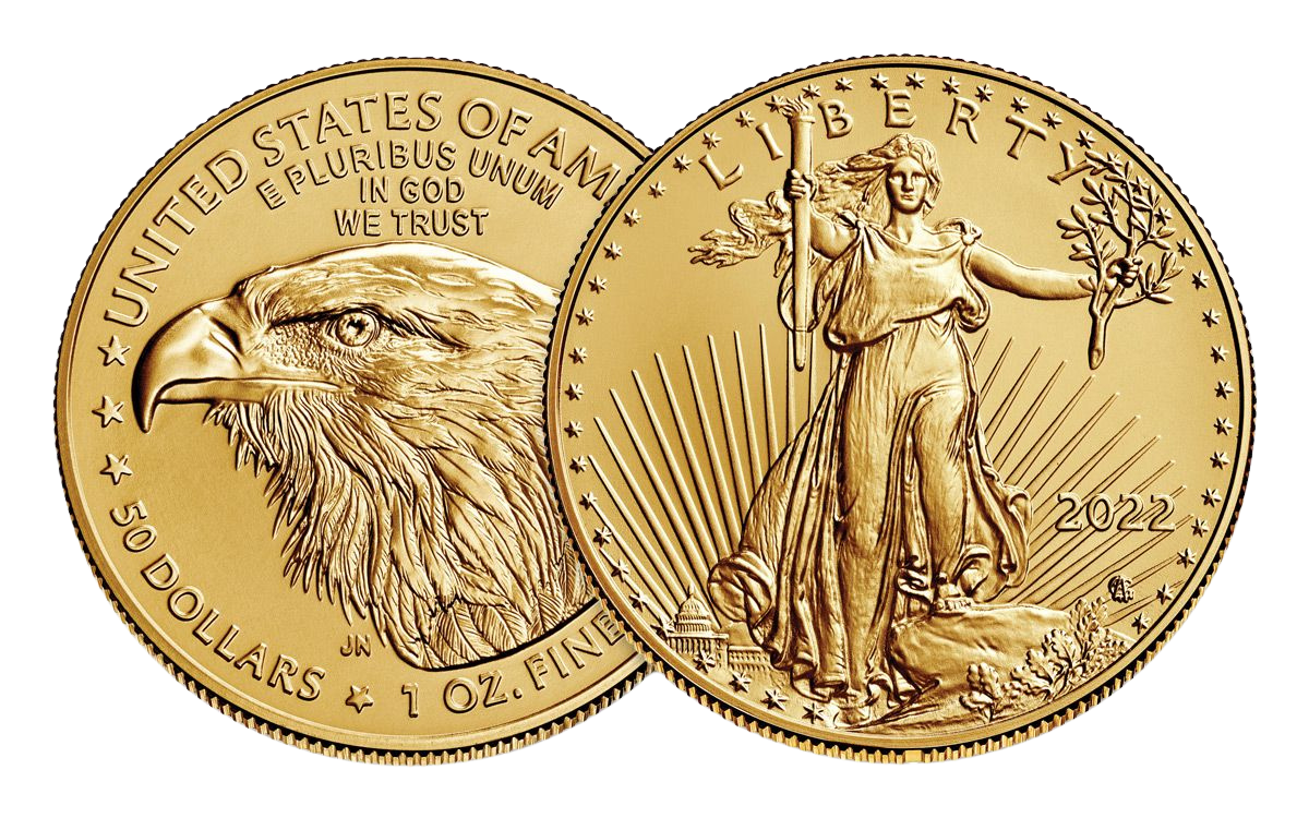 Two gold-colored American coins with images of an eagle and Liberty walking with a torch and olive branch.