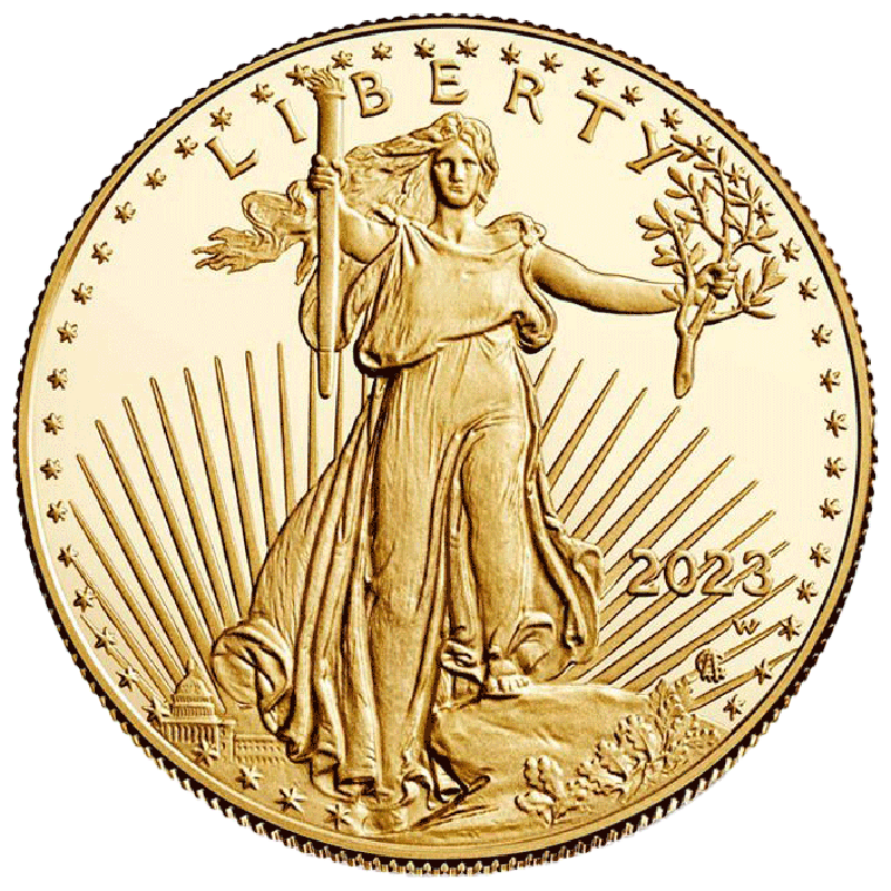 A 2023 American gold coin featuring Lady Liberty holding a torch in her right hand and an olive branch in her left, with the Capitol building in the background and rays of sunshine radiating behind her.