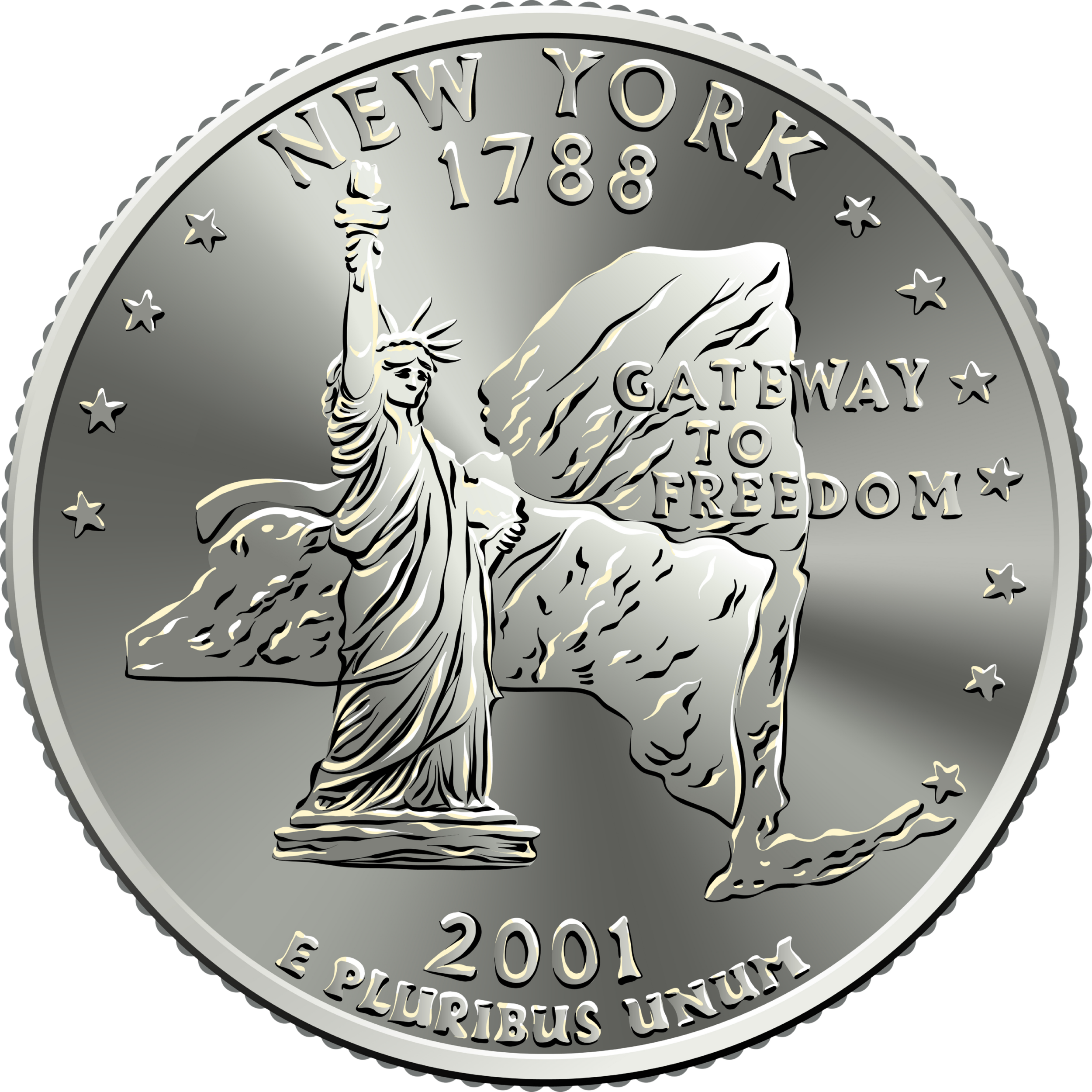 The image shows the reverse side of a United States quarter dollar coin, featuring the Statue of Liberty, the U.S. flag, and inscriptions including the year 2011 and the motto 'E Pluribus Unum'.