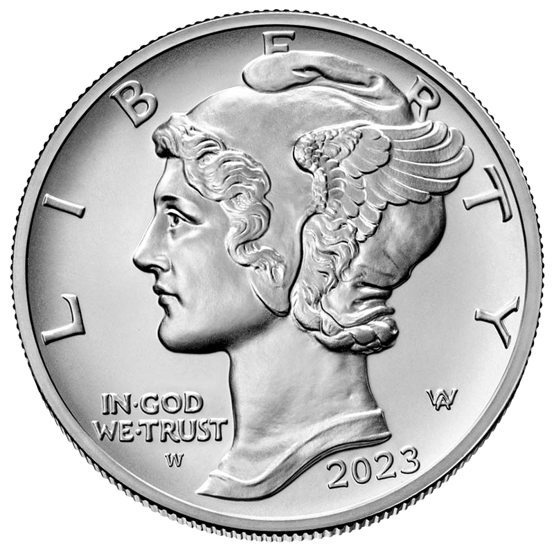 Close-up of a 2023 U.S. quarter coin featuring a profile of a woman with a winged figure above her head, with the inscriptions 'LIBERTY,' 'IN GOD WE TRUST,' and the year '2023' visible.