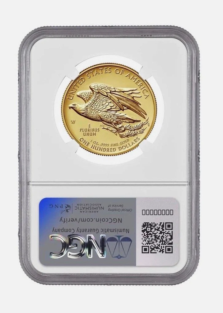 Gold coin featuring an eagle, encased in a protective slab with a holographic label and a QR code.