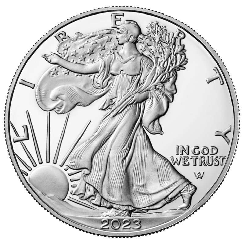 A 2023 American silver dollar coin featuring Lady Liberty walking toward sunrise, holding oak and olive branches, with a flowing gown and the phrase 'IN GOD WE TRUST' on the right.