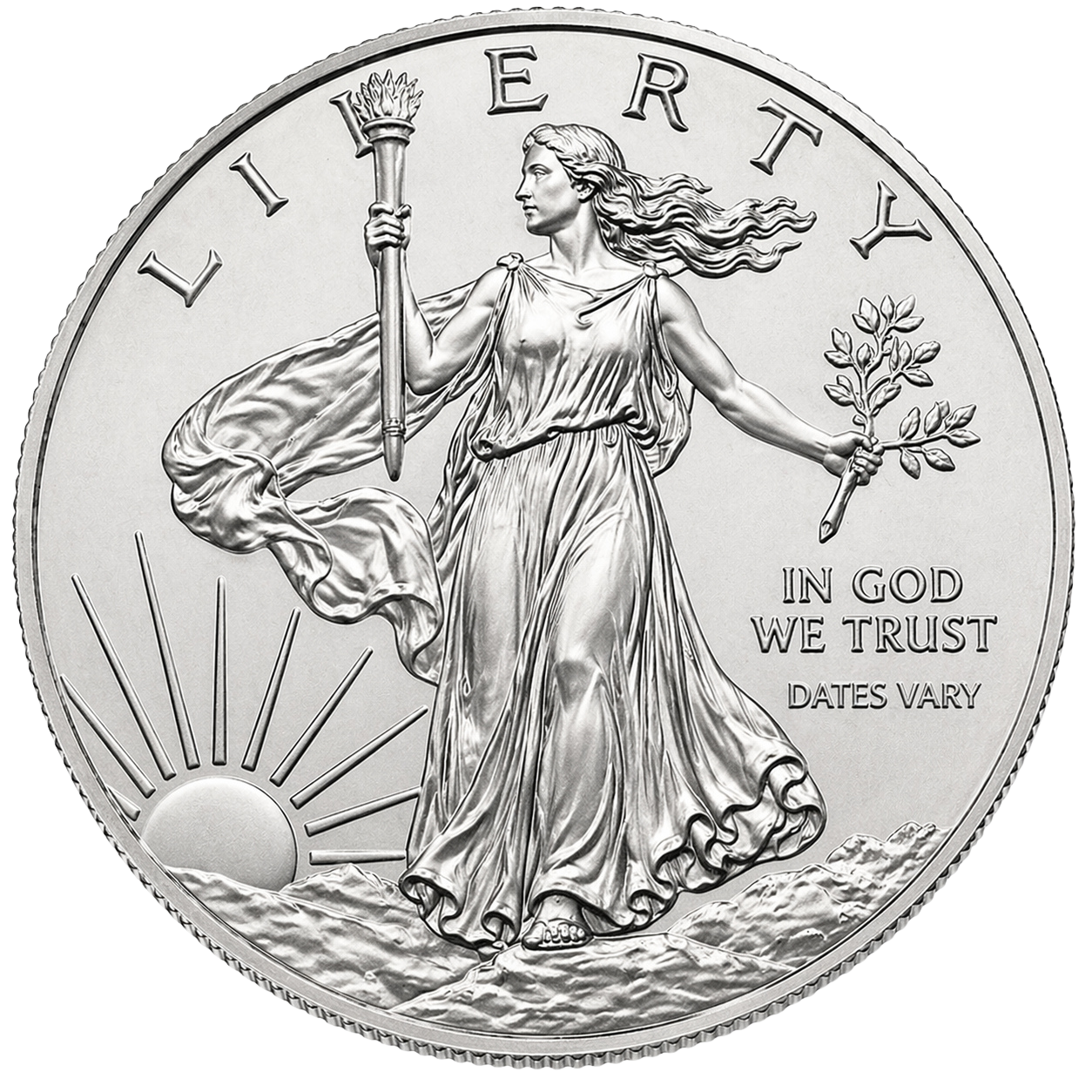 A silver coin featuring Lady Liberty holding a torch and olive branch, with the sunrise in the background and the inscriptions "LIBERTY," "IN GOD WE TRUST," and "DATES VARY."