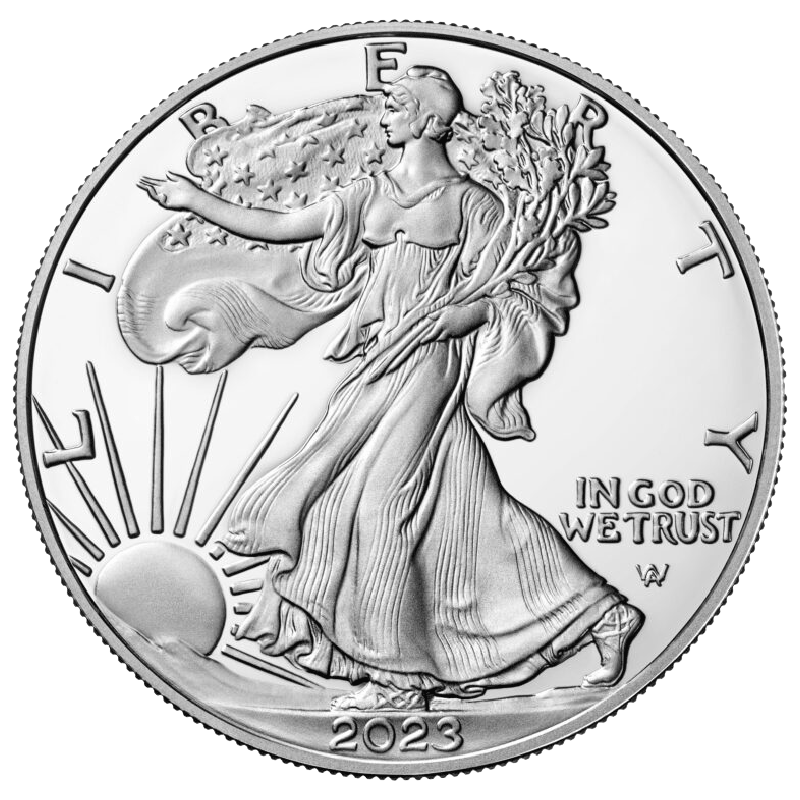 A 2023 Morgan silver dollar coin featuring Lady Liberty walking with a branch, with a sun rising in the background and the phrase 'IN GOD WE TRUST' on the right side.