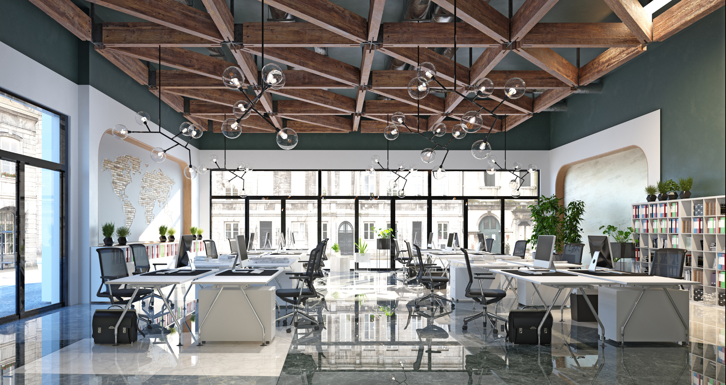 A modern office space with a high wooden ceiling, large windows, multiple desks with computers, black office chairs, indoor plants, a bookshelf, and wall decor including a world map. Stylish lighting fixtures hang from the ceiling.