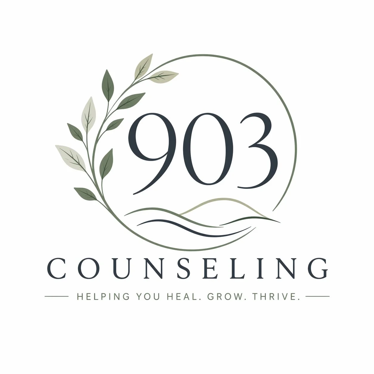 A logo for 903 Counseling featuring a circle with green leaves on the left side and a wave at the bottom. The text reads '903 Counseling' with the tagline 'Helping you heal. Grow. Thrive.'