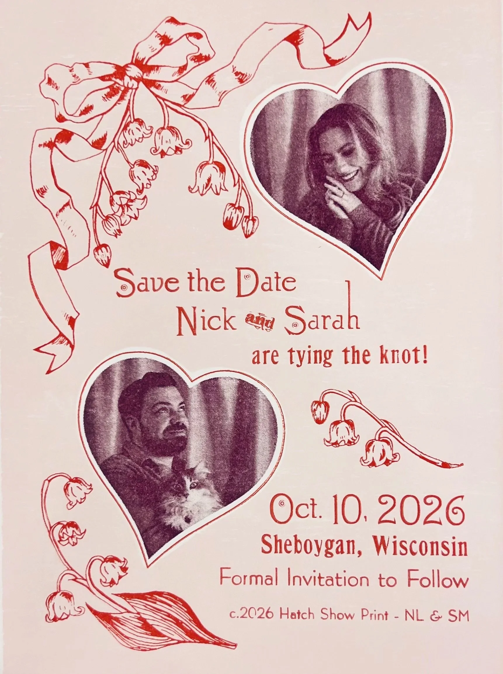 Save the date for Nick and Sarah wedding. The date is October 10, 2026, in Sheboygan, Wisconsin. The invitation features a bouquet of flowers and a heart-shaped photo of a woman, with decorative floral drawings around the edges.
