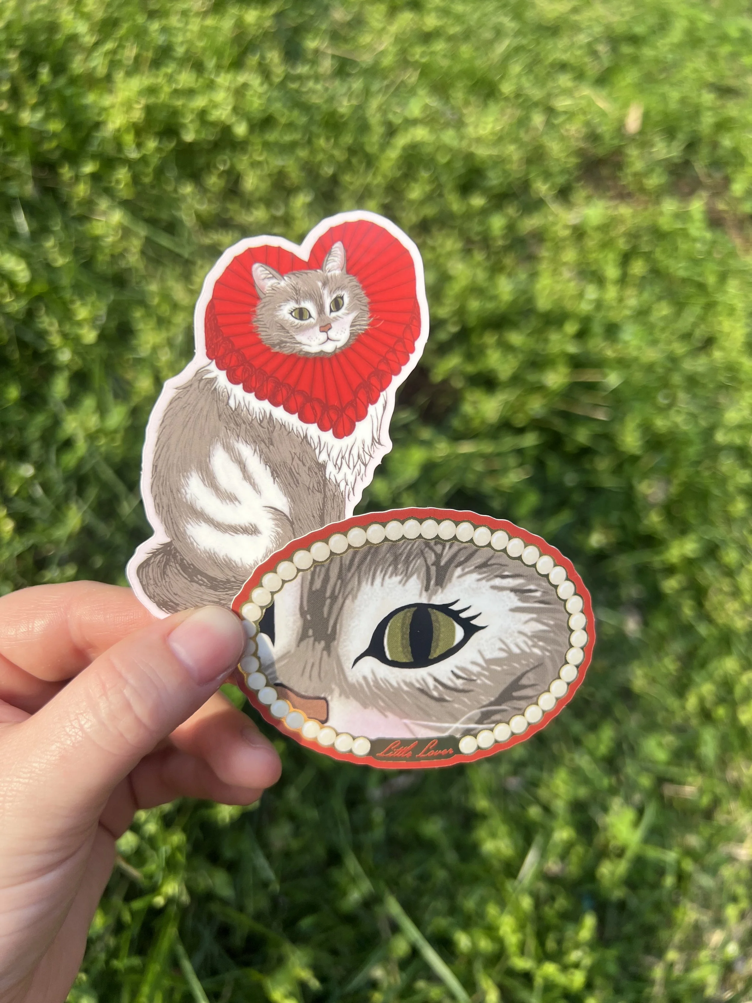 A hand holding two stickers of cats with different designs, one in front of a grassy background.