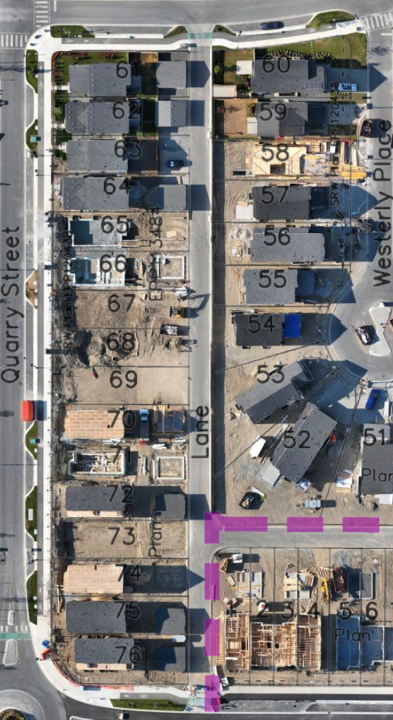 An aerial view of a construction site with residential buildings in progress, numbered from 51 to 74, along with streets labeled Quarry Street and Westery Place.