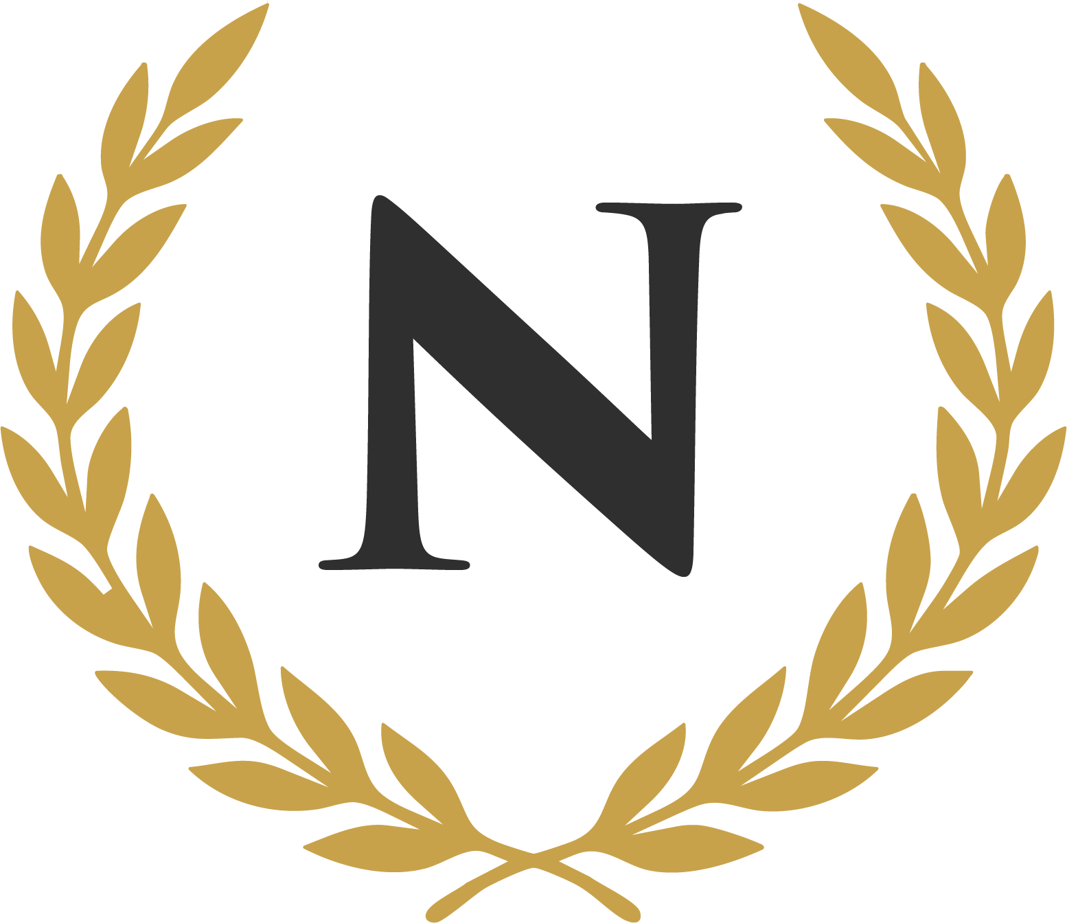 A black logo featuring a gold laurel wreath surrounding a black stylized letter N with a horizontal line crossing through it.