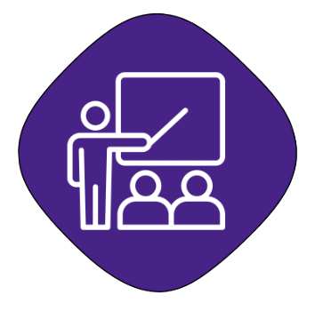 White on purple icon of consultant instructing teachers.