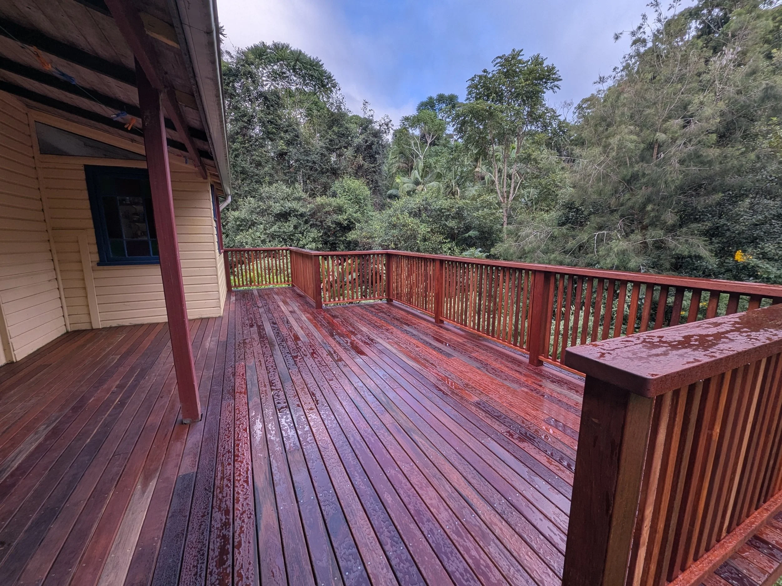 View of a wet wooden deck attached to a house with beige siding and a dark blue window, surrounded by dense green trees and a partly cloudy sky.