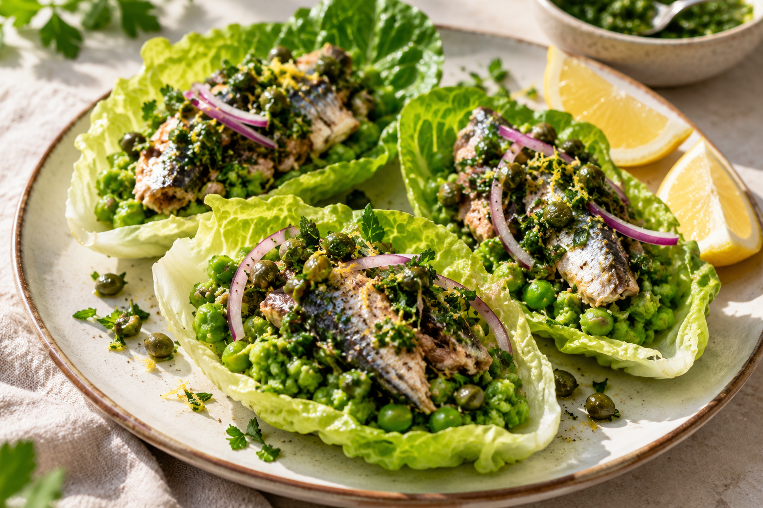 Sardine &amp; Salsa Verde Lettuce Cups with Lemony Smashed Peas