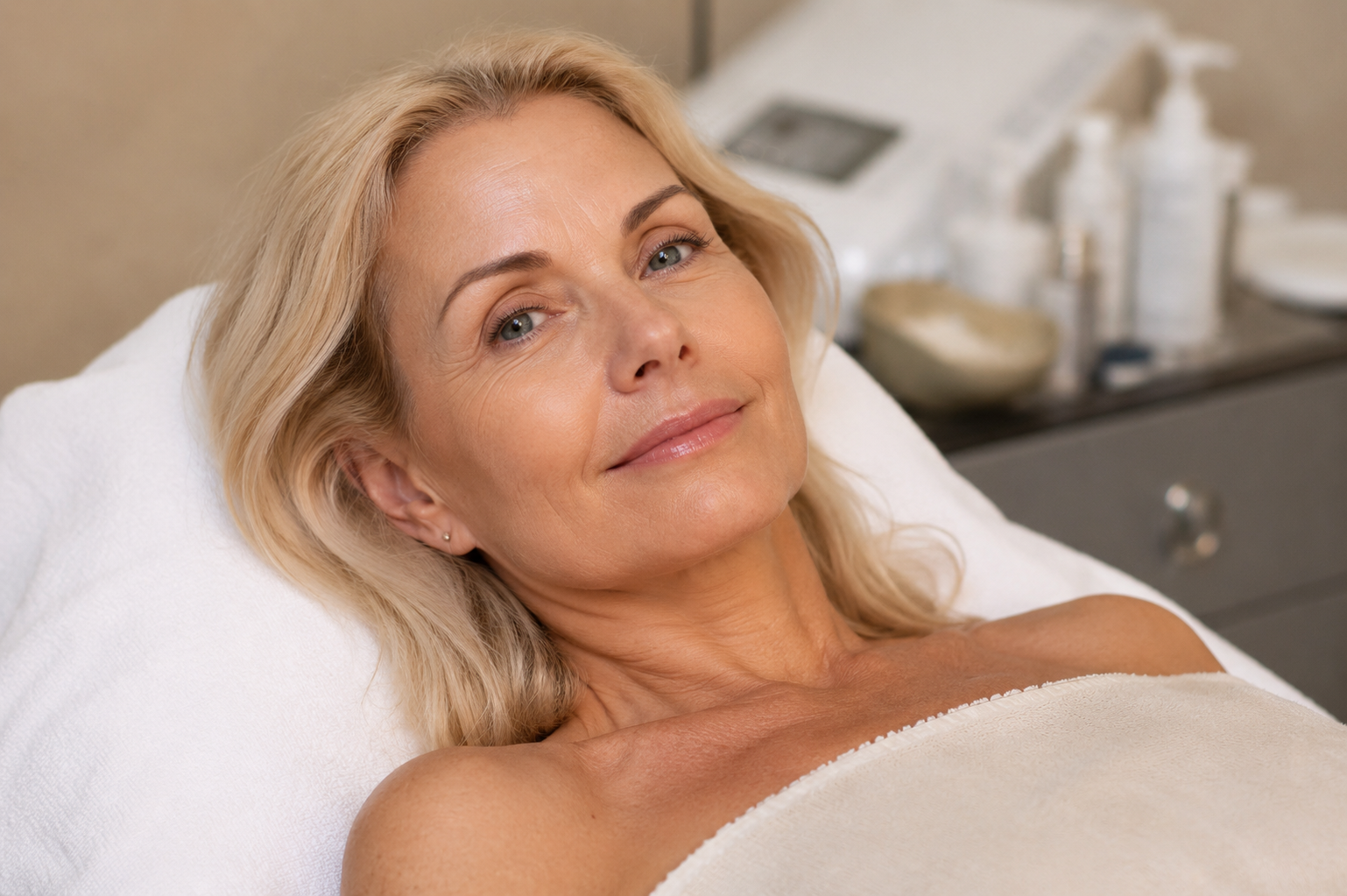 A middle-aged woman with blonde hair lying on a treatment bed, smiling gently, in a spa or dermatology clinic.