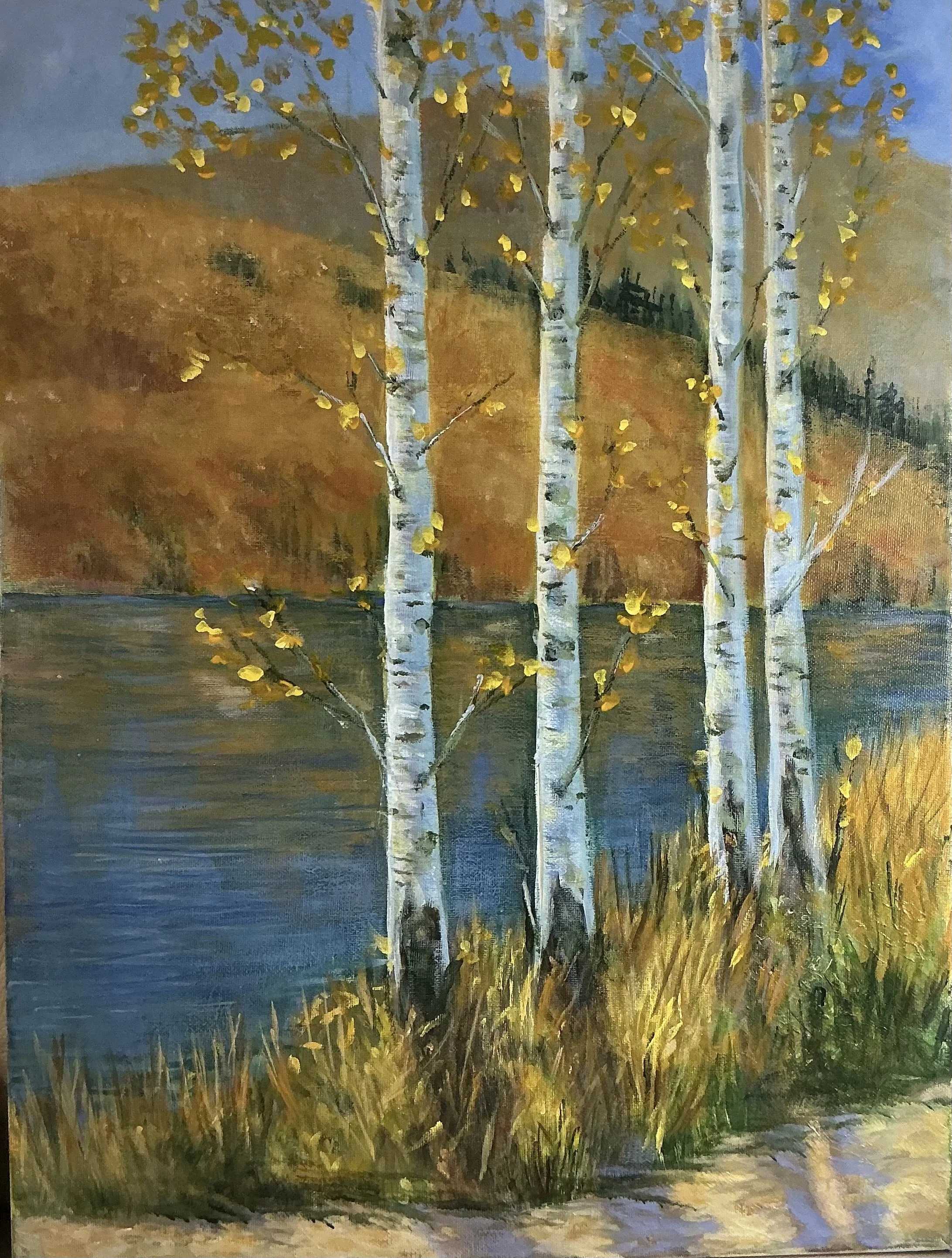 Tranquil Birch Lake Acrylic Painting
