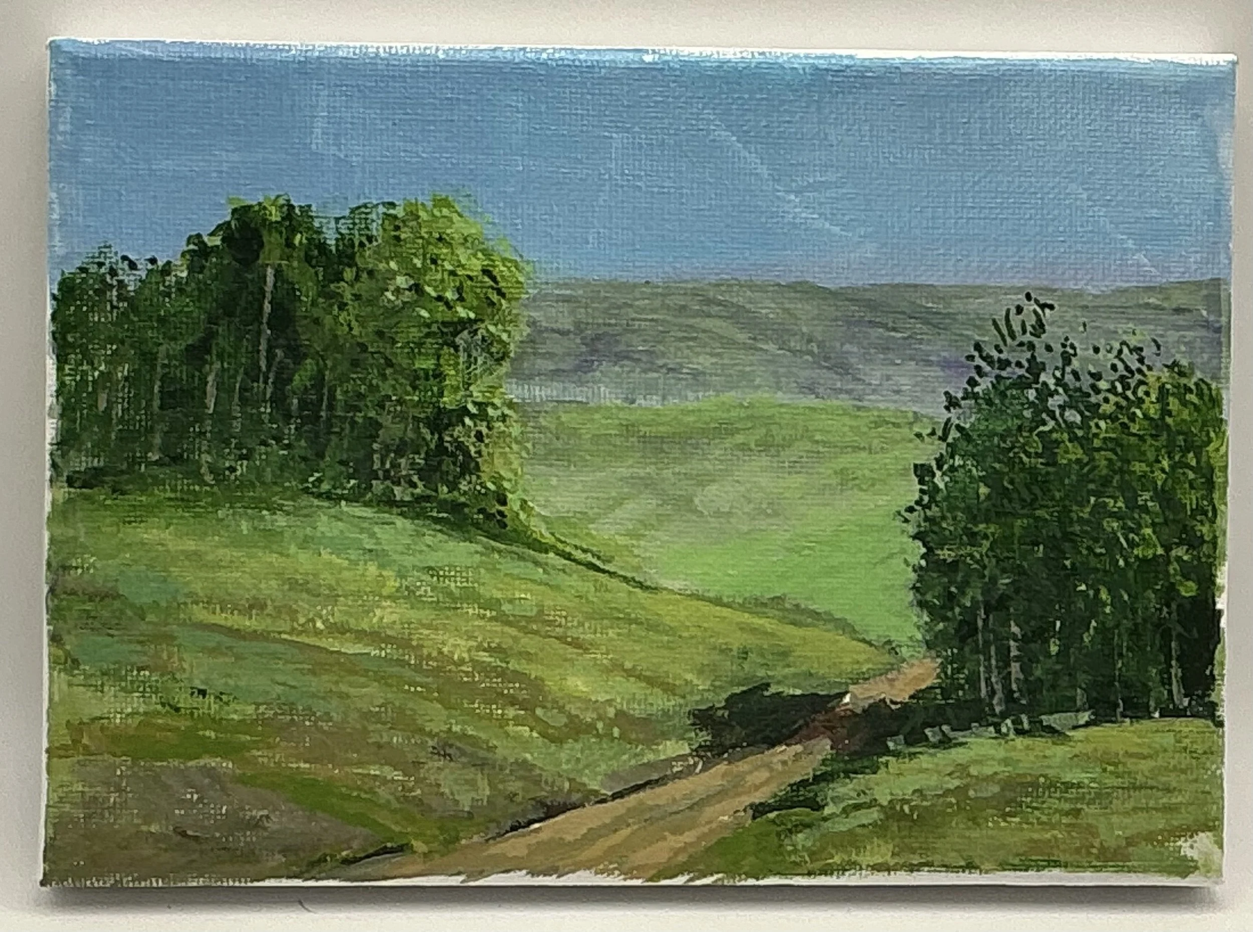 Tranquil Green Fields: 5x7 Acrylic Landscape Painting