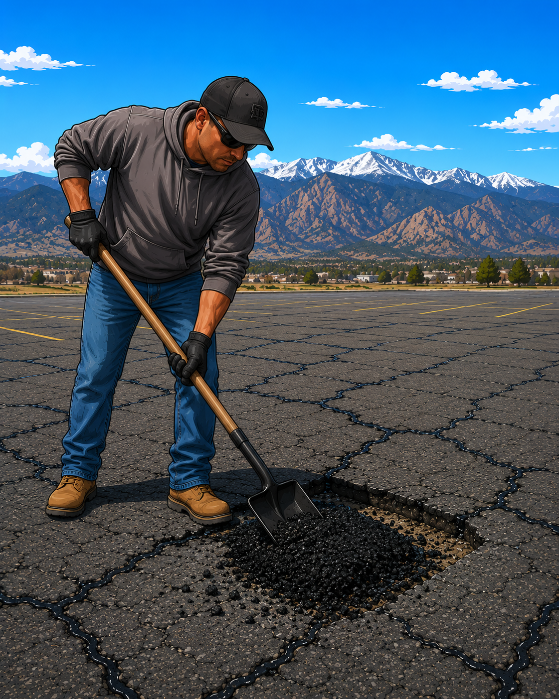 A man in a black cap, sunglasses, gray hoodie, blue jeans, and brown boots is laying asphalt in a parking lot with mountains in the background.