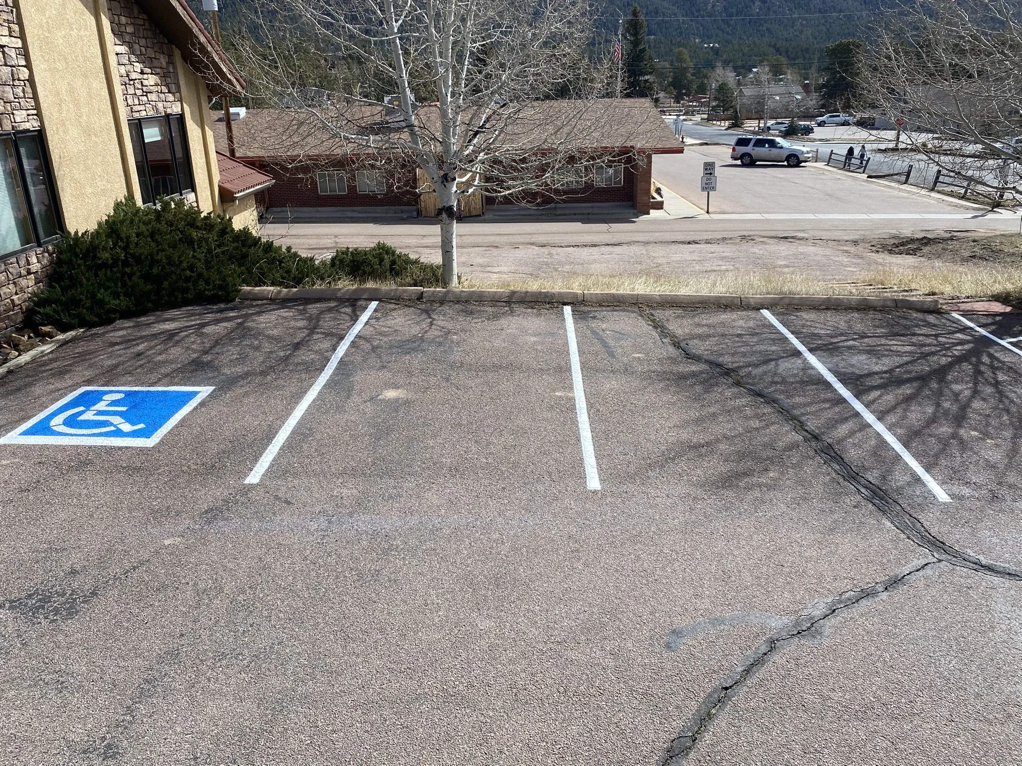 A parking lot with a blue handicapped parking space, an empty space next to it, and a sidewalk with a tree. In the background, there are buildings, parked cars, and a street with a sign that reads one way and do not enter.