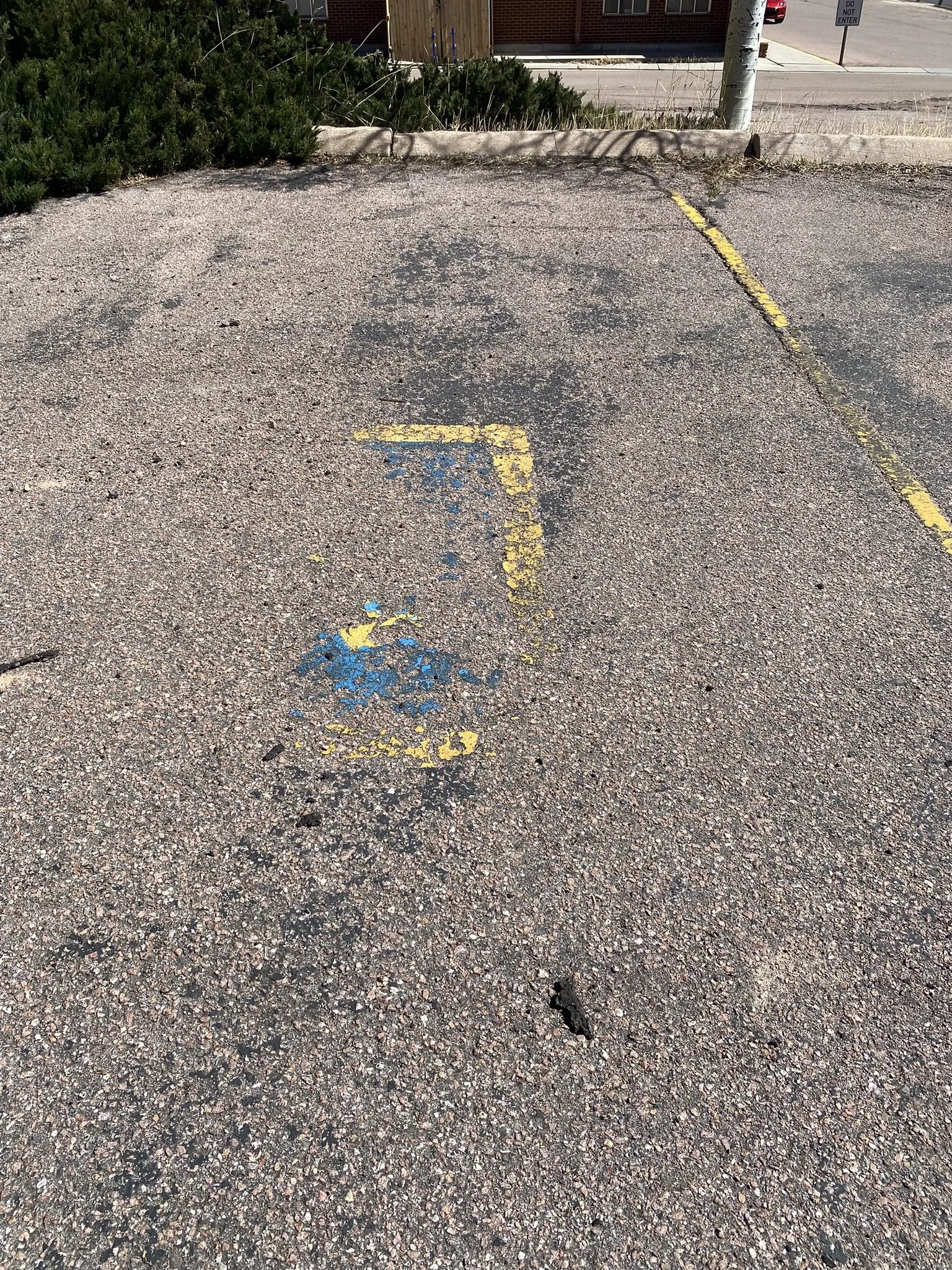 A worn parking space with yellow painted lines and a blue wheelchair symbol, with vegetation on the side and a sidewalk and street in the background.