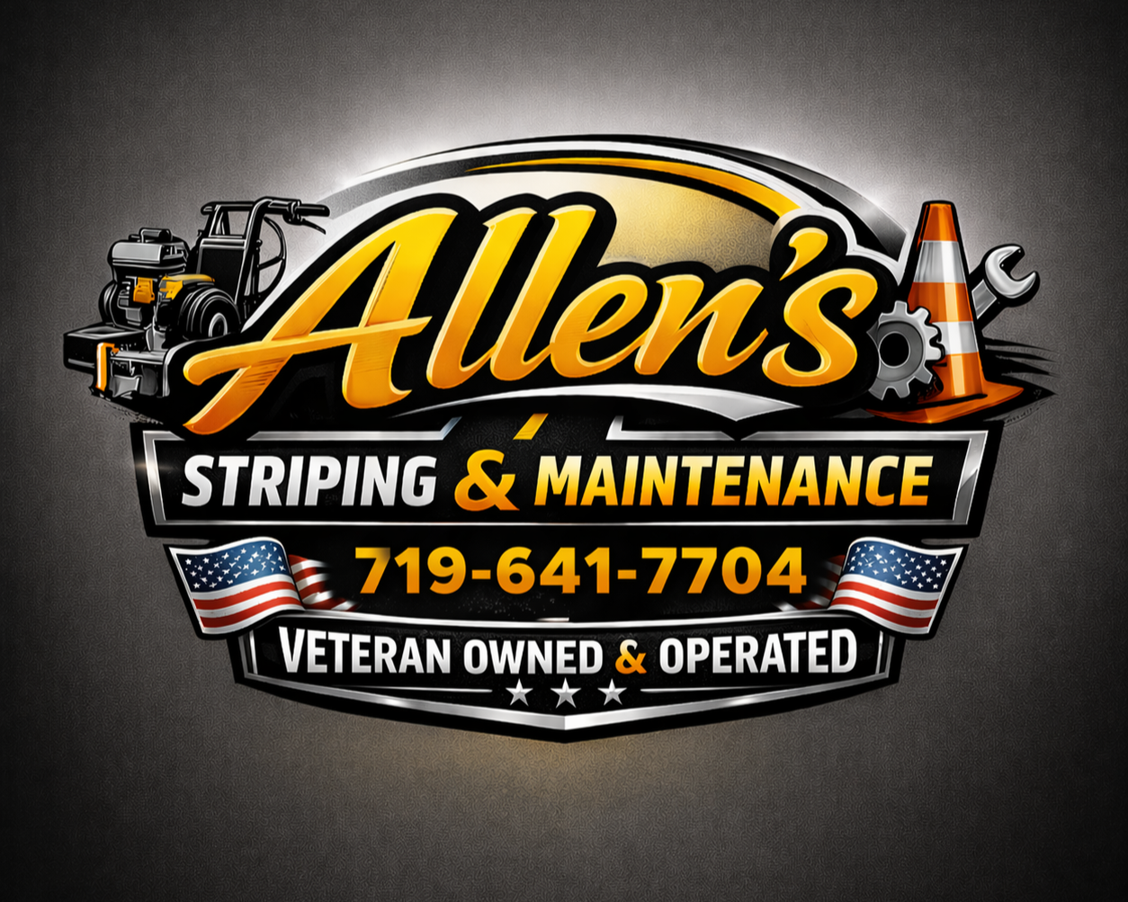 Logo for Allens Stripping & Maintenance, featuring a work trailer, traffic cone, gears, American flags, and contact information, indicating veteran ownership.