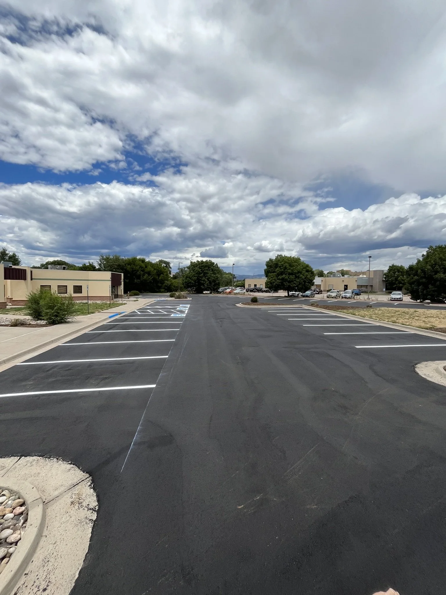 A parking lot with freshly paved black asphalt, white striped parking spaces, and some parking spots designated for handicapped; surrounded by small bushes and trees, with a building in the background and partly cloudy sky overhead.