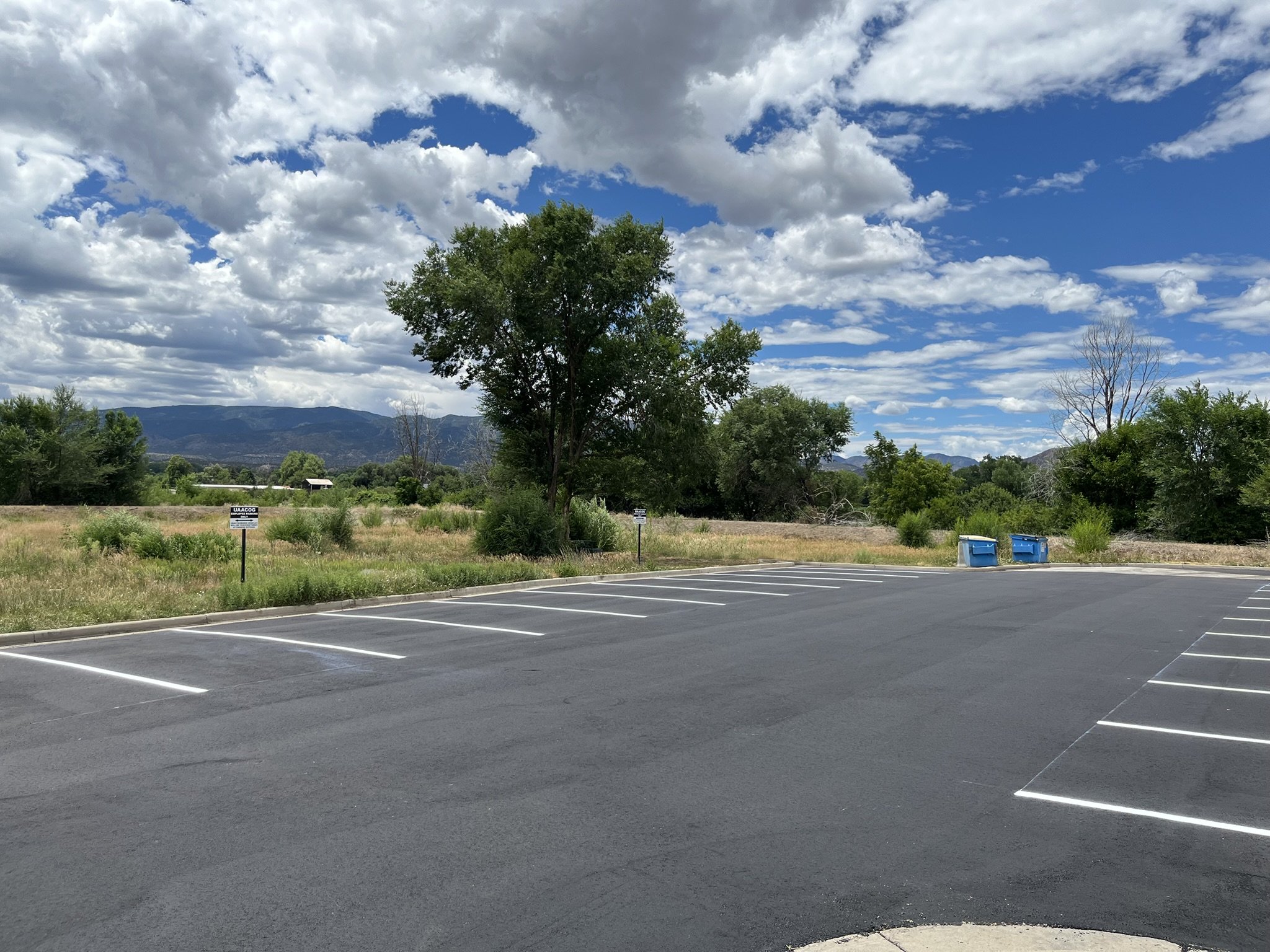 Empty parking lot with white painted lines, a few signs, and a small blue object near the curb. Trees, mountains, and a partly cloudy sky in the background.