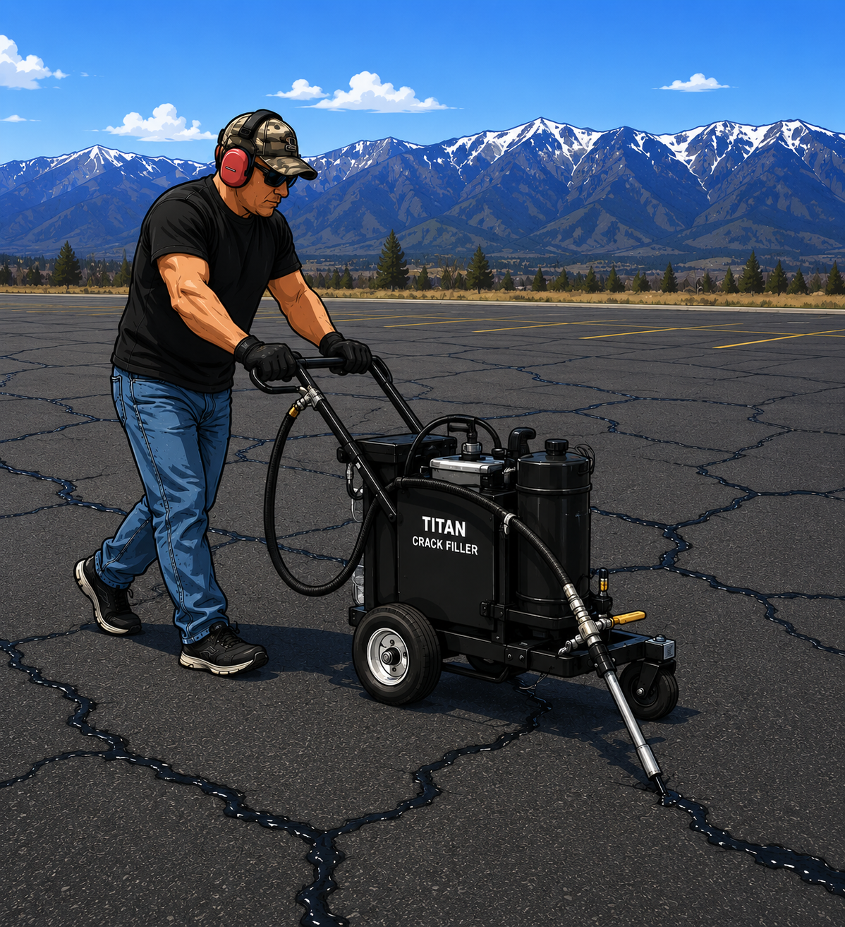 A man using a crack filling machine labeled 'Titan Crack Filler' on a large, cracked asphalt parking lot with mountains and blue sky in the background.