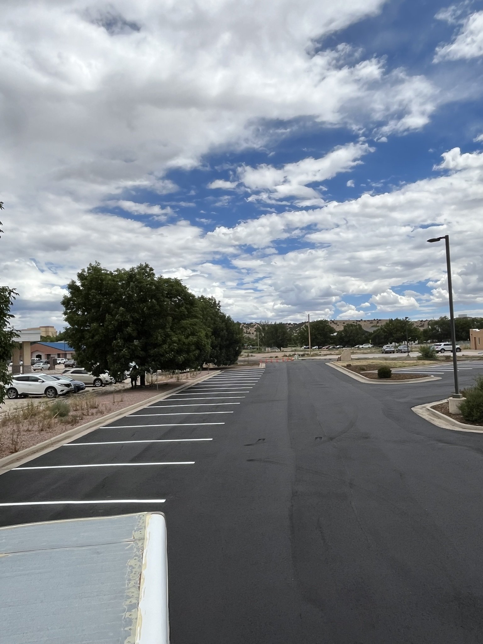 A parking lot with empty spaces and some cars parked, trees, street lamps, and a partly cloudy sky.