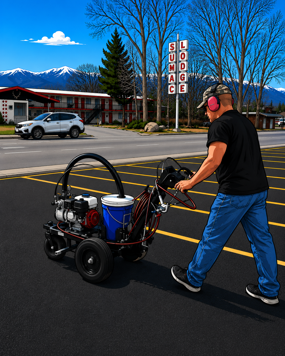 A man with a cap and pink headphones operating a line striping machine in a parking lot with trees, mountains, and a motel in the background.