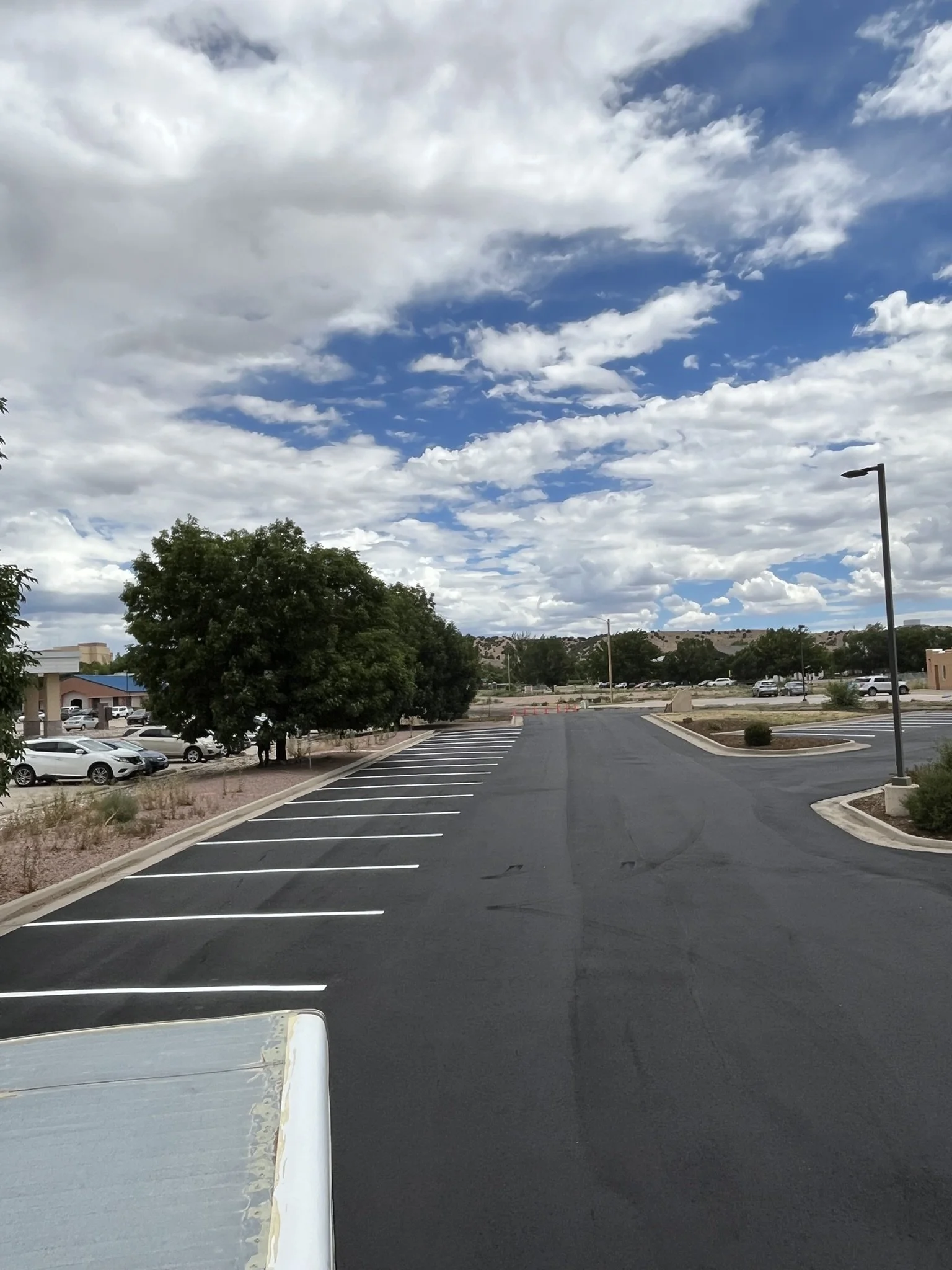 A view of an empty parking lot with painted white lines for parking spaces, trees, streetlights, and a partly cloudy sky.
