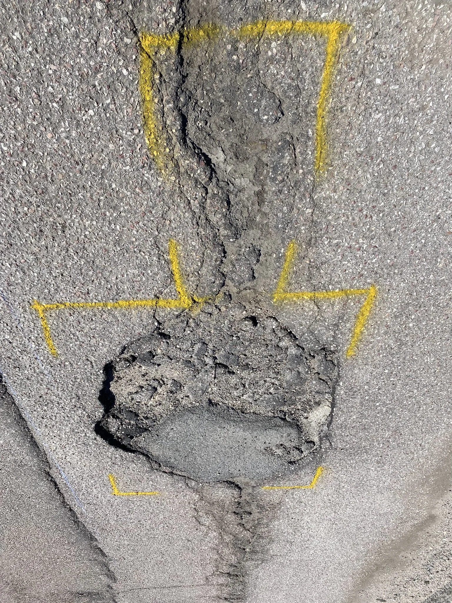 A cracked and damaged asphalt surface with a T-shaped yellow chalk outline around a large crack.