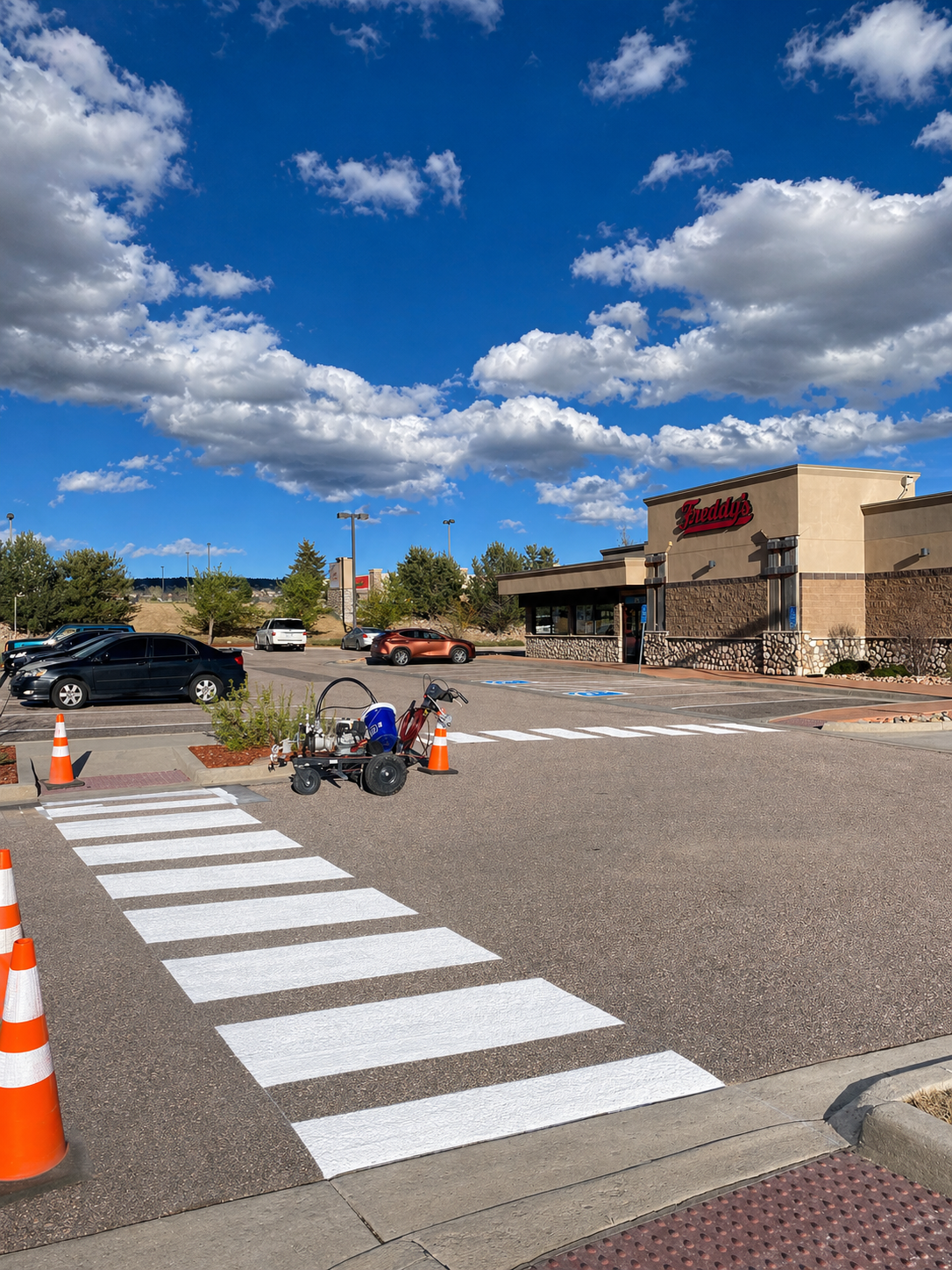 Friedman's restaurant in a parking lot with a pedestrian crosswalk, orange cones, and a small generator. Several parked cars and trees are visible under a blue sky with scattered clouds.