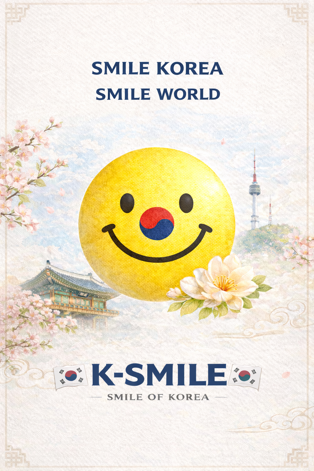 A promotional poster featuring a yellow smiling emoji with the South Korean flag as its nose, surrounded by cherry blossoms, a traditional Korean building, and N Seoul Tower in the background, with text reading 'Smile Korea, Smile World' and 'K-Smile, Smile of Korea'.