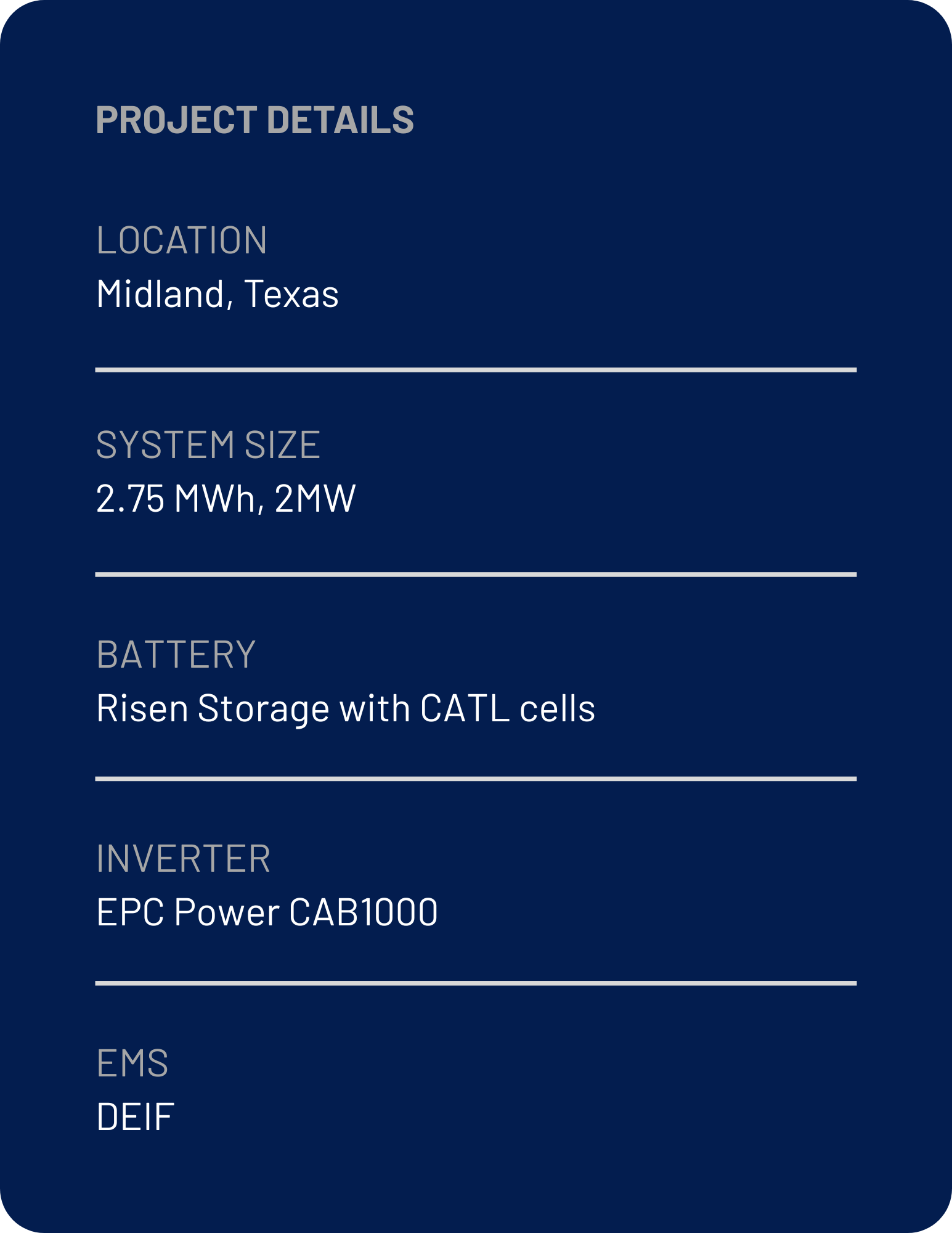 A presentation slide with project details in a dark blue background. It includes sections for location, system size, battery, inverter, EMS, and DEF, each with respective information.