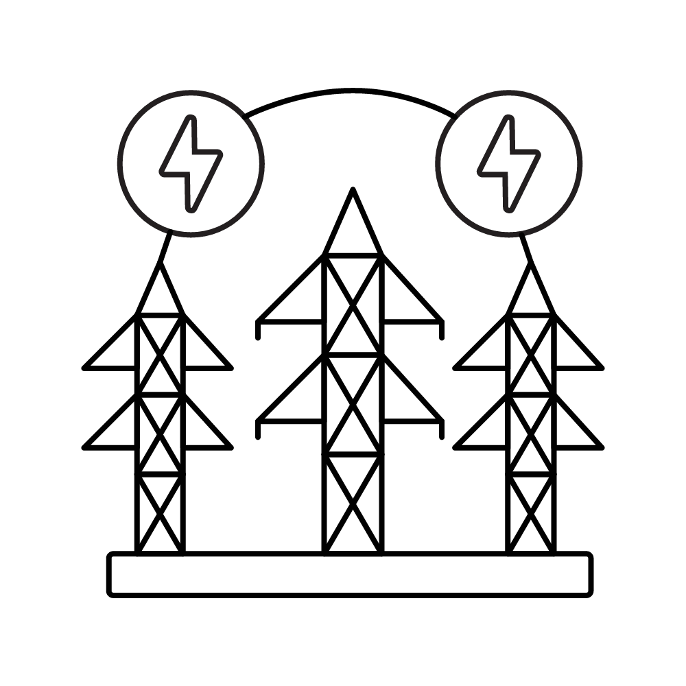 Diagram of an electrical power grid with two sources of electricity connected to transmission towers.